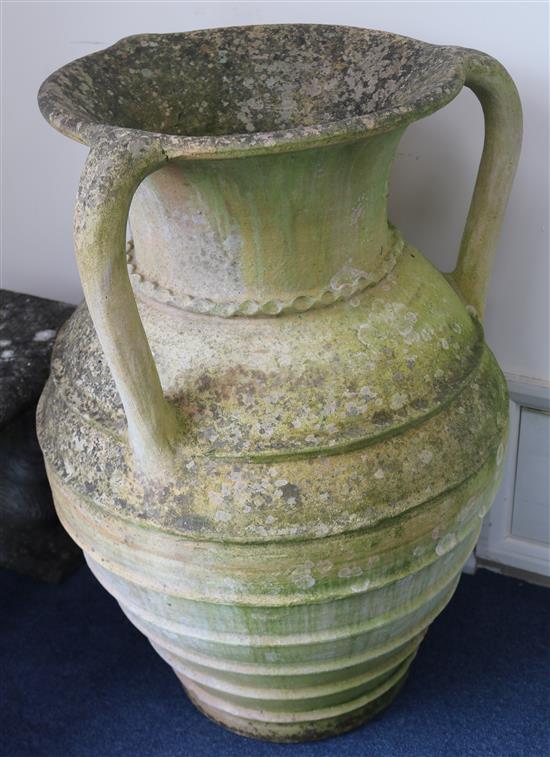 Two 3-handled garden urns H.90cm